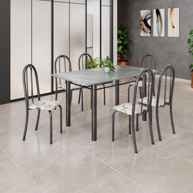 Imagem de Conjunto de Mesa Tubular 140cm X 75cm Tampo em Granito Topázio com 6 Cadeiras Iris Arabesco/ Prata
