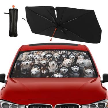 Imagem de Guarda-sol de para-brisa de carro Funny Dogs - Capa dobrável com bloqueio UV para janela frontal, protetor solar para SUV, caminhão, sedã 144,8 cm x 76,2 cm