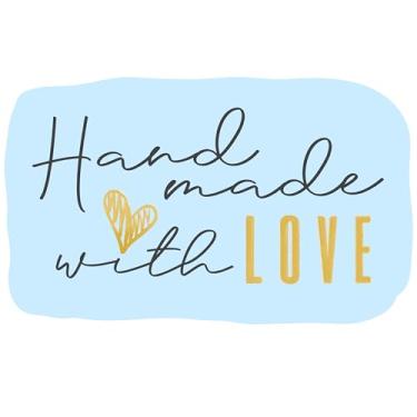 Imagem de 300 adesivos feitos à mão com amor em folhas | Tamanho de corte especial de 4,4 cm x 7 cm | Design de forma típica com folha dourada e fundo azul claro | Altamente recomendado para proprietários de