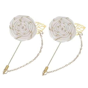 Imagem de uxcell 2 peças de broche de lapela rosa para ternos masculinos, broche de flores de pano feito à mão com folha de ouro/corrente para acessórios de terno casamento de noivo, bege, 9.5 cm, Metal, Liga