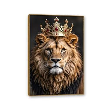 Imagem de SDYJ6GSW Arte de parede em tela de leão, rei, leão e leoa, quadro de coroa de rei e rainha para quarto, sala de estar, escritório, moldura teca de 60 x 40 cm (24 x 16 pol)