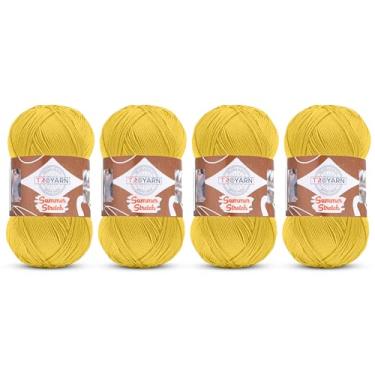 Imagem de Troyarn Summer Stretch (pacote com 4 novelos) com efeito sedoso, crochê, 100% microfibra elástica, biquíni, acrílico, maioquíni, pareo, blusa curta, fio de roupas, 4 x 100 g (114110 - amarelo claro)
