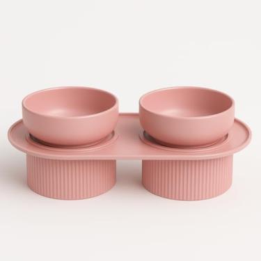 Imagem de Conjunto de tigelas elevadas para animais de estimação, pratos de cerâmica e água de estilo moderno com suporte elevado (rosa)