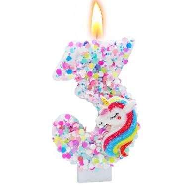 Imagem de woiodora Vela de aniversário número 3 de 7 cm, decorações de aniversário de unicórnio para topo de bolo, material de festa com tema de desenho animado (número 3)