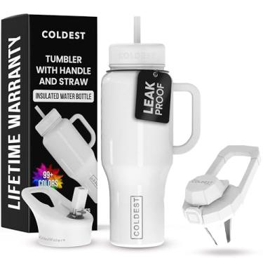 Imagem de Copo Coldest com alça e canudo - Copo 100% à prova de derramamento com canudo (3 tampas) - Copos isolados de aço inoxidável à prova de vazamento para mulheres e homens - 1,020 g (reflexos de neve)