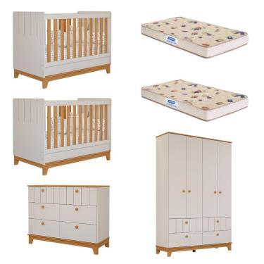 Imagem de Quarto Bebê Gêmeos com 2 Berços Mini Cama Cômoda e Guarda Roupa Liza Permobili e 2 Colchões Gazin