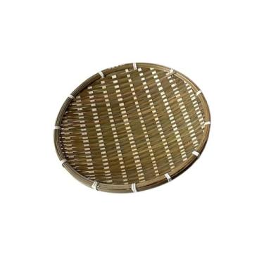 Imagem de Cesta de bambu natural feita à mão, cesta de pão de vime/frutas, cesta de servir vegetais rasa plana, cesta de piquenique empilhável (M)
