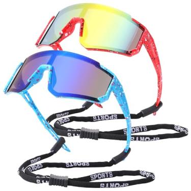 Imagem de LIU·WEN Óculos de sol de beisebol juvenil com alça para meninos e meninas de 4 a 12 anos - Óculos de sol leves para ciclismo infantil, Espelho B2 vermelho/laranja + espelhado azul/azul, Medium