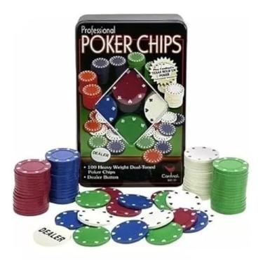 Imagem de Kit Poker Profissional Em Lata 100 Fichas Jogo Baralho