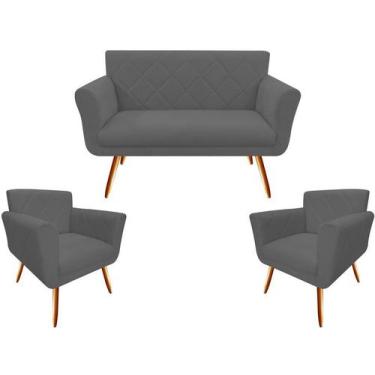 Imagem de Kit Namoradeira + 2 Poltronas Decorativa Sabrina Suede Cinza Pés Madei