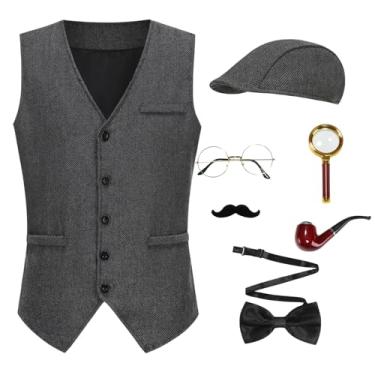 Imagem de GRAJTCIN Conjunto de fantasia de detetive Sherlock Holmes para homens adultos cosplay roupa 7 peças (cinza escuro-GG)
