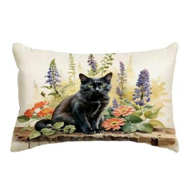 Imagem de JAERUE Capa de almofada decorativa de gato com decoração floral de casa de fazenda fronhas para sofá sofá varanda pátio primavera verão capas de almofada lombar, 12×20 polegadas (preto)