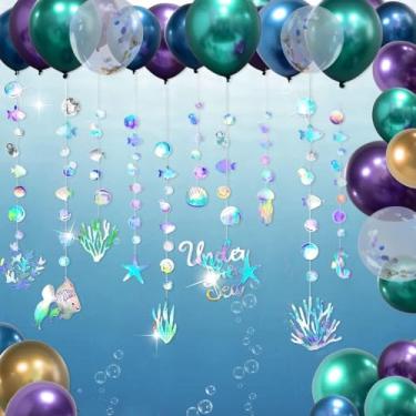 Imagem de Cheerland Decorações iridescentes para festas sob o mar, guirlandas de balão, arco sereia, decoração de aniversário, flâmulas holográficas, tema de oceano, bolha, chá de bebê, verão, praia, piscina