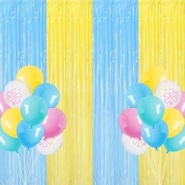 Imagem de FYSUIMU 22Pcs Cartoon Sponge Party Decoration Yellow and Blue Foil Fringe Curtain Latex Balloon Birthday Tinsel Streamer Balloon Set for Party Backdrop Photo Booth Prop Supplies