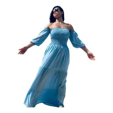 Imagem de Vestido Longo Ciganinha com Lastex Ombro a Ombro Manga Fofa Liso - Din