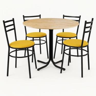 Imagem de Mesa de Jantar Redonda 80cm Pinus Com 4 Cadeiras Estofada Preta - Lama