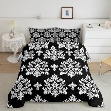 Imagem de Erosebridal Conjunto de edredom gótico para adultos, tamanho king, vintage, floral, preto, damasco, boêmio, antigo, vitoriano, barroco, boêmio, exótico, floral, luxuoso, macio