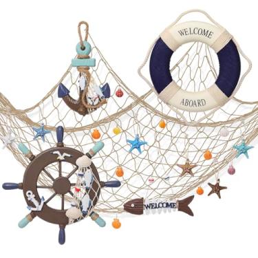Imagem de Marsui 11 peças de decoração de parede náutica de madeira, decoração de rede de pesca, inclui rede de pesca decorativa, roda de navio, esqueleto de peixe, anel de vida, âncora, decoração de praia de