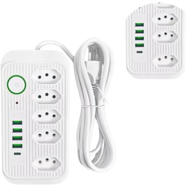 Imagem de Extensão Régua de Energia inteligente com 5 Tomadas 4 Portas USB Botão Liga/Desliga com LED