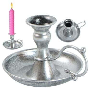 Imagem de Castiçal vintage castiçal de ferro resistente com alça castiçal prata simples suporte decorativo à luz de velas para festa, igreja e exibição em casa