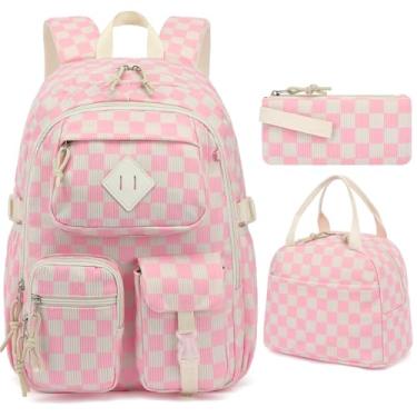 Imagem de Lroiutian Conjunto de mochila escolar de veludo cotelê de 3 peças para meninas e meninos, mochila infantil com lancheira e estojo de lápis (idades de 8 a 18 anos), veludo cotelê xadrez rosa