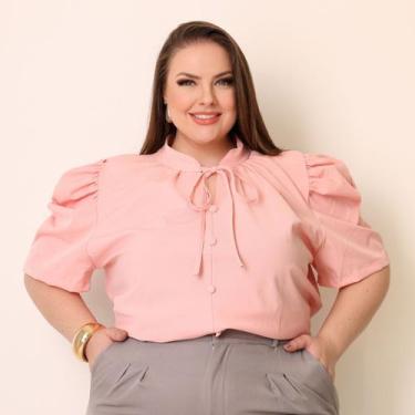 Imagem de Blusa Feminina Plus Size Gola Lacinho Manga Curta Com Botoes - Look Mo