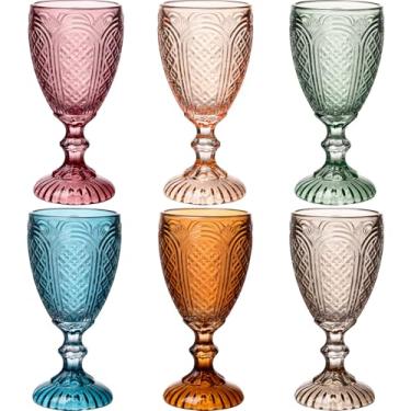 Imagem de Conjunto de 6 taças de vinho coloridas, taças de vidro azul feitas de cores sólidas, copos de cor vintage, copos para noivado, casamento, aniversário de 297 g taças de vinho coloridas