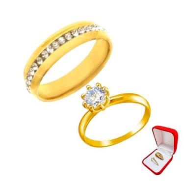 Imagem de Aliança 6mm Dourada Pedras Brancas Zirconia Noivado + Solitario 2mm An