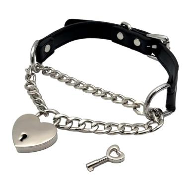 Imagem de EverGlimp Colar de gargantilha de couro PU com cadeado de coração, preto, rosa, azul, feito à mão, corrente ajustável, joia presente para mulheres., 11''chain, Couro sintético, Sem Pedra Preciosa