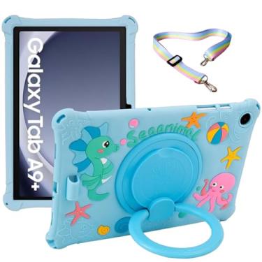 Imagem de Capa para tablet A9+ Plus para crianças, meninos e meninas, 27.9 cm 2023 (SM-X210/X216/X218), capa de silicone macio UFAINEI para Samsung Galaxy Tab A9+ com suporte giratório de 360° e alça de ombro