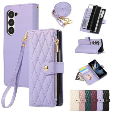 Imagem de Capa para Samsung Galaxy Z Fold6, tira transversal, carteira com porta-cartões, capa de couro (para Samsung Galaxy Z Fold6/roxa)