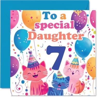 Imagem de Stuff4 Cartão de aniversário 7th Daughter - Cute Cats Special Daughter - Cartão de feliz aniversário de 7 anos para filha de mãe pai, 145 mm x 145 mm 7 anos sete cartões comemorativos para filha