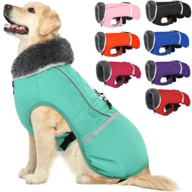 Imagem de QBLEEV Casaco refletivo quente para cães, casaco de inverno impermeável para cães com gola rolê para clima frio, roupa para cães com forro de lã grossa, roupa de neve para cães pequenos, médios e grandes