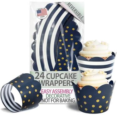 Imagem de Decorações de cupcake azul marinho - 36 envoltórios de cupcake reversíveis azul escuro e dourado | Chá de bebê náutico, aposentadoria militar, festa de aniversário da polícia, Hanukkah, formatura
