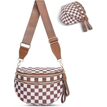Imagem de Bolsa transversal feminina quadriculada espaçosa pochete com alça ajustável, Xadrez marrom e branco, One Size
