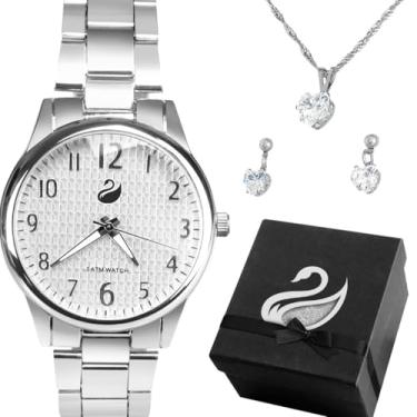 Imagem de Relogio Feminino Aco Inox Classico Analogico Prata Medio Kit Colar Brincos Joias Strass Brilhante Casual Social Caixa Cisne Delicado Combo Presente