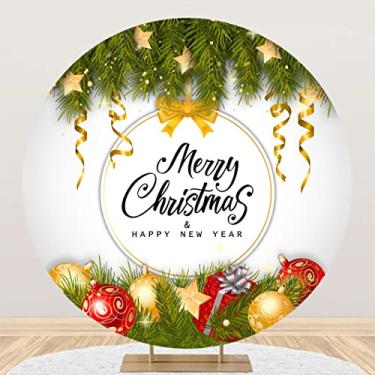 Imagem de Leyiyi 2 x 2 m, fundo redondo de Feliz Natal e Feliz Ano Novo, bolas de Natal douradas e vermelhas, cenário para fotos de árvore de Natal para festas de Natal, Ano Novo, decoração de casa