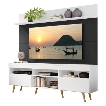 Imagem de Rack Retrô Com Painel E Suporte Tv 65" Madri Multimóveis V3374 Branco/Preto/Natural