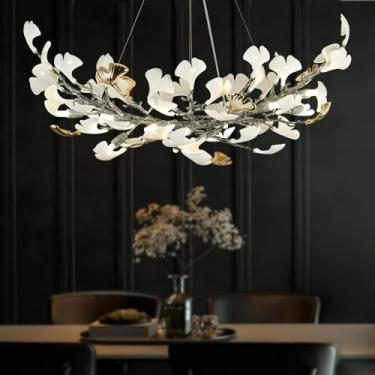 Imagem de NIUZDU Lustres modernos de ramo de árvore para sala de jantar, lustre retangular de folha de ginkgo de cerâmica de 119 cm, lustre de jantar sobre mesa para sala de estar (lâmpada não incluída)