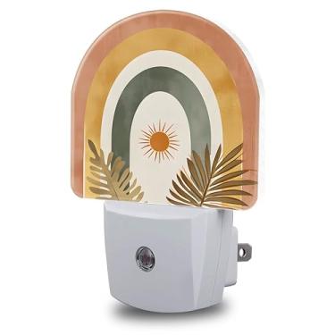 Imagem de FOISIIAEA Luz noturna de sol e folhas, luzes noturnas arco-íris boho conectadas à parede, sensor do crepúsculo ao amanhecer, luz noturna redonda para mulheres e homens, lâmpada de LED com eficiência