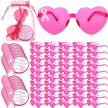 Imagem de Flutesan 50 conjuntos de acessórios de conscientização do câncer de mama, presentes, óculos de sol de coração com fita rosa a granel com bolsas e cartões presentes inspiradores para pacientes