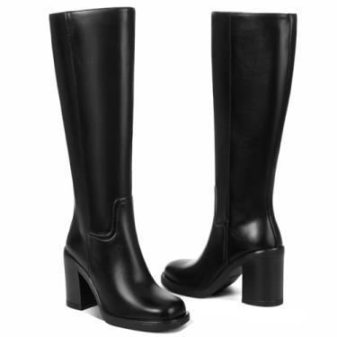 Imagem de CYNLLIO Botas de cano alto femininas plataforma Gogo bota cano alto até a coxa com salto grosso de 9 cm bico quadrado zíper lateral, Preto, 36