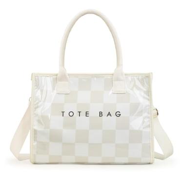 Imagem de GISMTR Sacola feminina de PVC com estampa de letras grandes Hobo, bolsa de ombro de papel kraft com alça para trabalho e viagens, Caqui e xadrez branco