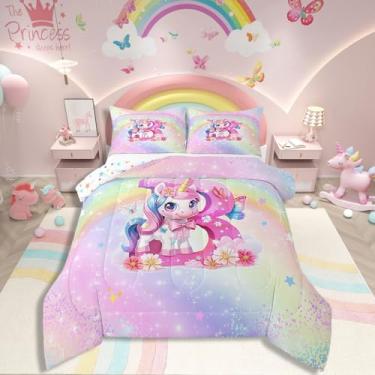 Imagem de Jogo de cama solteiro de unicórnio, arco-íris, unicórnio, para todas as estações, com 2 fronhas, macio para decoração de quarto de meninos e meninas, edredom com glitter gradiente com monograma do