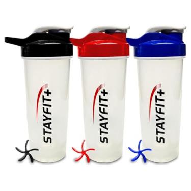 Imagem de Stayfit Garrafa Classic Loop Top Protein Shaker Bottle, Pacote com 3 3. Ótimo para a academia, viagens e trabalho. Vem com 3 bolas para misturar facilmente proteína. (Multivermelho, azul, preto)