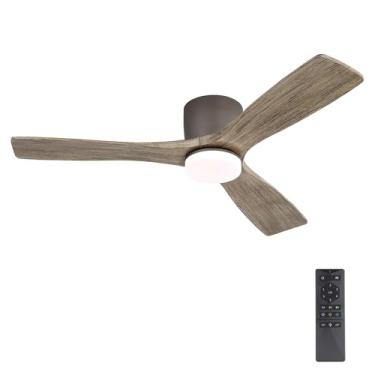 Imagem de WINGBO Ventilador de teto CC de montagem embutida - perfil baixo de 122 cm, luz regulável 3CCT, 3 lâminas de madeira esculpida, motor CC reversível sem ruído de 6 velocidades, acabamento de grafite