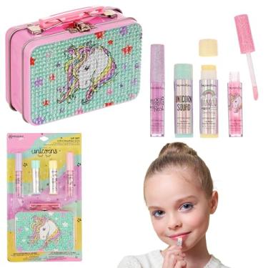 Imagem de EXPRESSIONS Kit labial de cosméticos 5 peças para crianças com brilho labial, protetor labial e caixa de armazenamento I Believe in Unicórnios strass, lavável + não tóxico