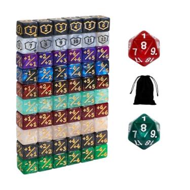Imagem de SIXPOINTS 12mm MTG Dice Set with Plus 1/+1 Life Counter Spindown Dice in 8 Colors, Shield Ability Tokens & D20 Compatible with Magic The Gathering, TCG, Card Games Accessories (Color A-62pcs Dices)