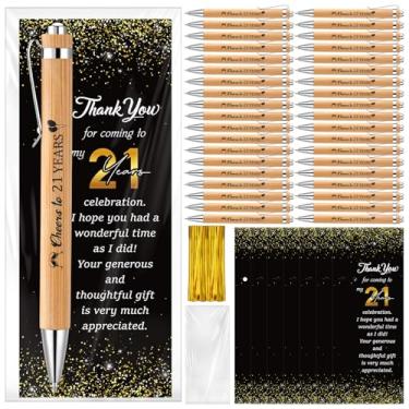 Imagem de Sayglossy 50 conjuntos de lembrancinhas de festa de aniversário de 21 anos para convidados, incluindo 50 canetas esferográficas com 50 cartões de agradecimento, 100 sacos e laços torcidos para chá de