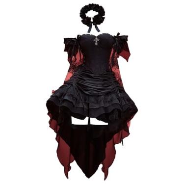Imagem de MEOWCOS Vestido gótico de Halloween espartilho Aline vestido com cadarço e saia em camadas com faixa de cabelo e gargantilha